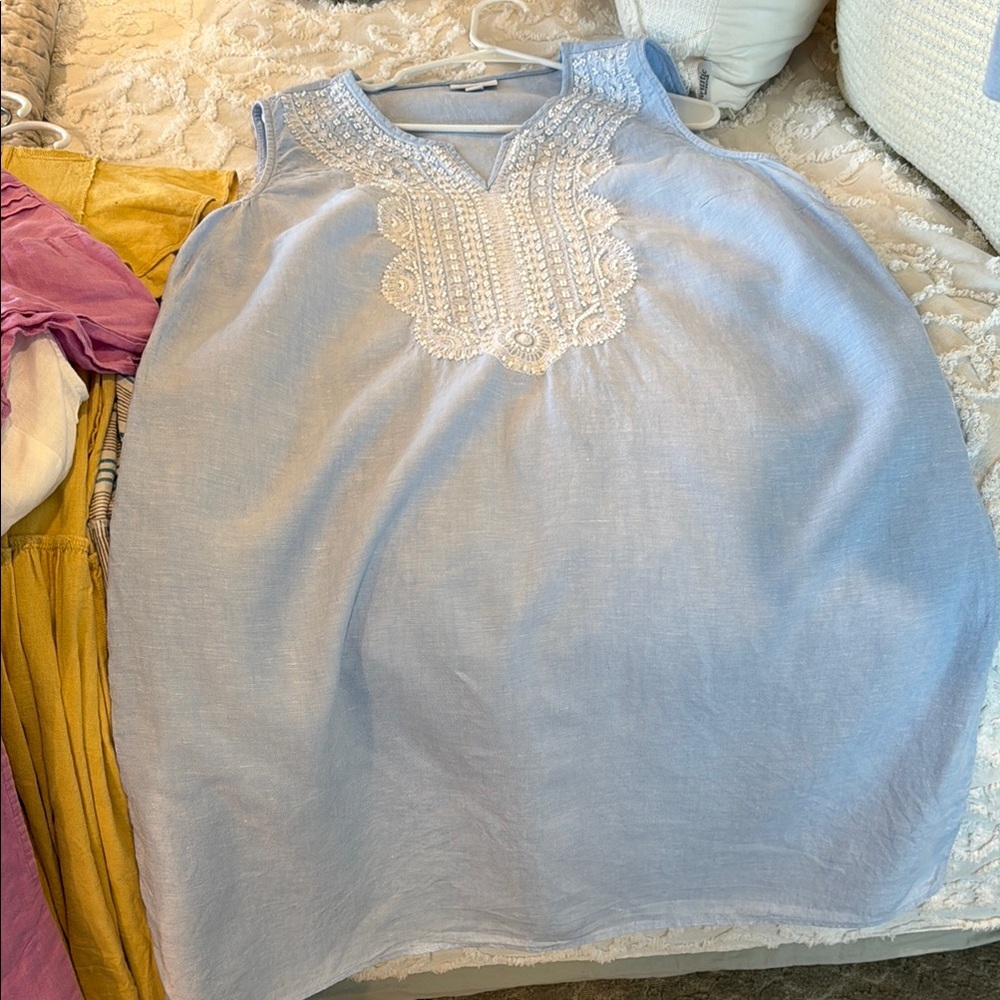 J. Jill Light Blue Midi Dress with White Embroidery